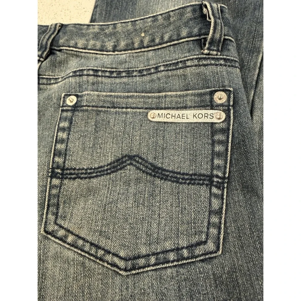 Michael Kors Women's Blue Denim Bootcut Jeans, Size 8P Dark Wash, Mid-Rise, Logo